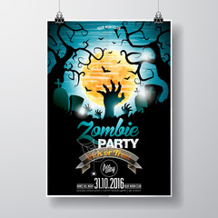 Vector Halloween Zombie Party Flyer Design with typographic elements on blue background. Graves and moon.