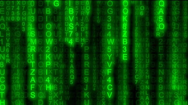 Random symbols falling down (code rain): a popular sci-fi movie effect; obscure technology; computer source code, hacking, AI takeover. Glowing 30 seconds version.
