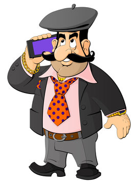 Cartoon mafia Caucasian businessman talking on the phone.