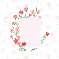Floral frame with pink blank card, carnation, red and pink flowers, on white background, watercolor painting, vintage