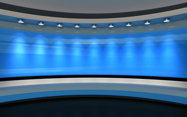 Blue Studio. Blue wall with light. Blue background. Blue back drop. 3d rendering - obrazy, fototapety, plakaty