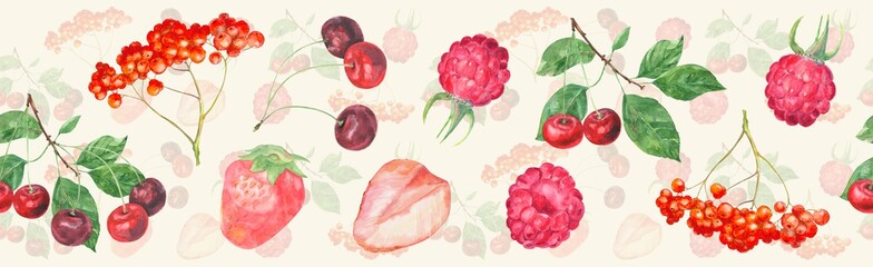 Fototapety  Panoramiczny widok na ogród czerwone jagody: wiśnia, truskawka, malina, jarzębina na żółtym tle, szeroki wzór, akwarela, realistyczna ilustracja, styl vintage