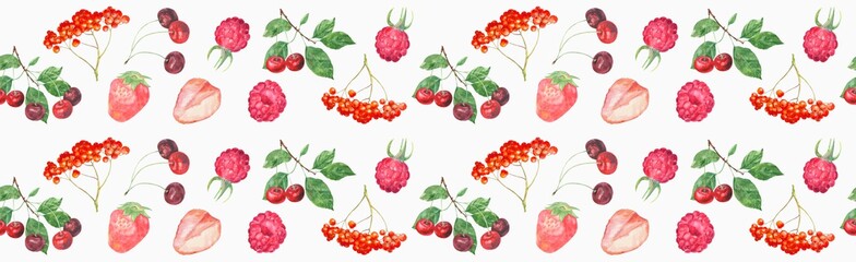 Fototapety  Panoramiczny widok na ogród czerwone jagody: wiśnia, truskawka, malina, jarzębina na białym tle, szeroki wzór, akwarela, realistyczna ilustracja, styl vintage