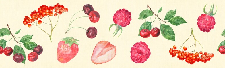 Fototapety  Panoramiczny widok na ogród czerwone jagody: wiśnia, truskawka, malina, jarzębina na żółtym tle, szeroki wzór, akwarela, realistyczna ilustracja, styl vintage