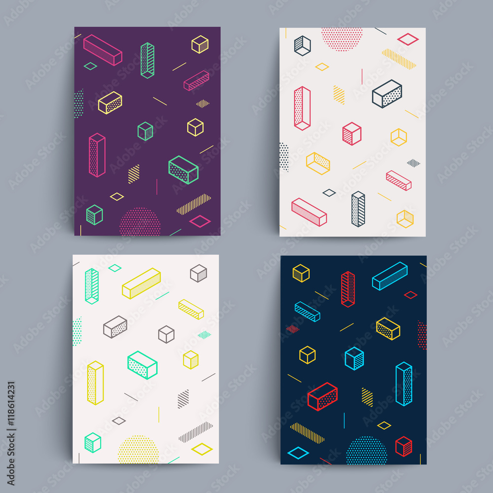 Poster minimalistic backgrounds set. simple isometric shapes composition. eps10 vector template. applicable