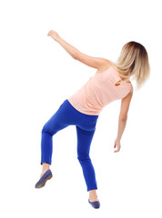 Balancing young woman.  or dodge falling woman. Rear view people collection.  backside view of person.  Isolated over white background. The blonde in a pink shirt and slipped down.
