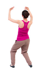 back view of woman  protects hands from what is falling from above. woMan holding a heavy load Rear view people collection.  backside view of person.  Isolated over white background. dark-skinned girl