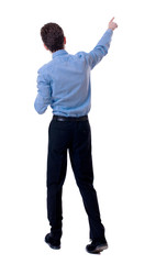 Back view of pointing business man.  Rear view people collection.  backside view of person.  Isolated over white background. Businessman in a blue shirt on the move points to something interesting.