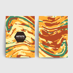 Liquid colors covers design. Trendy marble texture. Warm summer colors. Applicable for covers, placards, posters, flyer, brochure etc. Eps10 vector template.