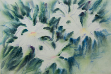Abstract white flowers, watercolor painting