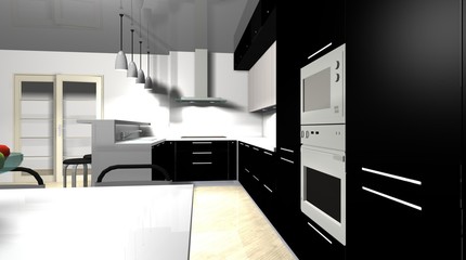 3D rendering interior design black kitchen