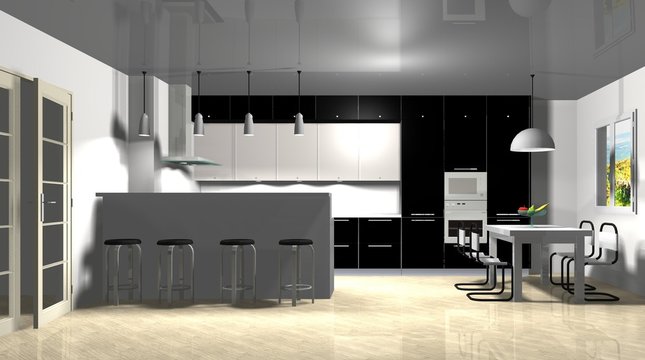 3D Rendering Interior Design Black White Kitchen