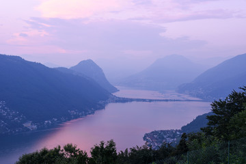Fototapeta na wymiar View at lake of Lugano at sunset