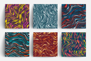 Creative trendy cards set. Wavy stripes, marble texture. Eps10 vector template.