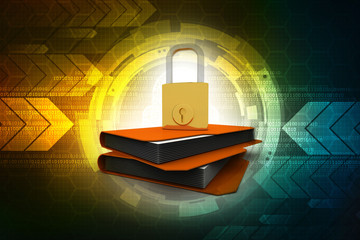 Yellow folder and lock. Data security concept. 3D