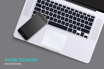 Fototapeta na wymiar Office desk table with laptop and phone. Top view with copy space. Eps10 vector template.