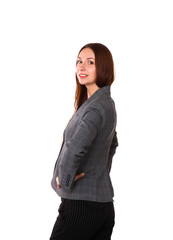 young girl standing on a white background