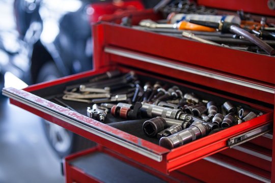 Set of work tools in toolbox