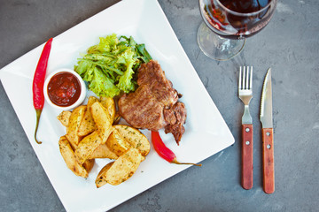Beautiful potatoes fried in Korean and ribeye steak