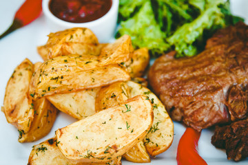 Beautiful potatoes fried in Korean and ribeye steak