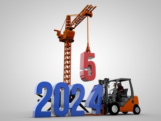 3D illustration of 2025 text with forklift and crane