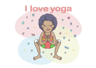 Woman or girl practicing yoga. Cute, colorful cartoon of yoga garland pose.