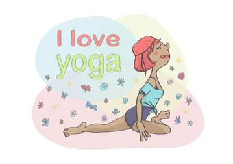 Colorful cartoon of woman or girl doing yoga. Cute vector drawing of yoga pigeon pose on colorful background.