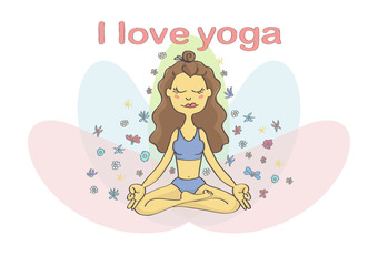 Cute, colorful illustration of young woman or girl practicing yoga. Vector drawing of yoga perfect position on colorful background.