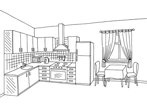 Kitchen room interior black white graphic art illustration sketch vector