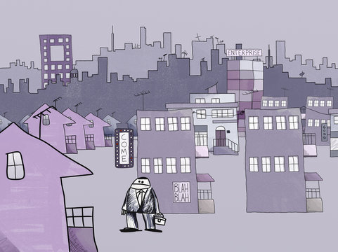 Naif Style Drawing of Urban Lifestyle, Signs and Advertisement, Stress and Alienation Concept