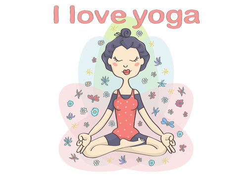 Cute Asian young woman or girl doing yoga. Colorful vector drawing of yoga perfect position.