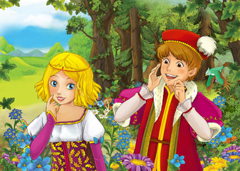 Cartoon scene with young royal couple - boy and girl - prince and princess in the forest - walking - illustration for children 