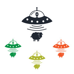 Alien ship steal sheep icon on the background