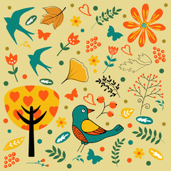 Autumn set with birds, flowers and leaves.
