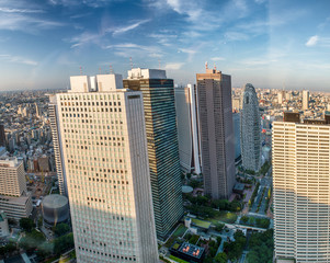 Tokyo, Japan. Aerial view of Shinjuku buildings at sunset