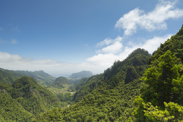 Fototapeta na wymiar A view over the north coast of Madeira island, from Balcoes viewpoint, near Ribeiro Frio, Portugal