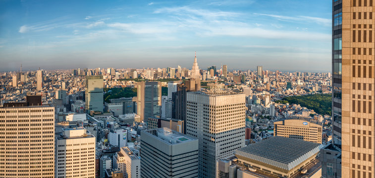 Tokyo, Japan. Aerial view of Shinjuku buildings at sunset