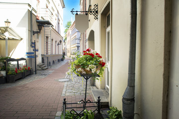 Fototapeta na wymiar Street without people early in the morning. Europe. Riga