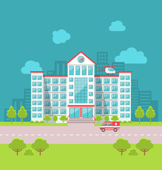 City Hospital Building with Ambulance in Flat Style. Cityscape