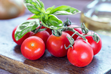 Tomatoes and basil on the wooden background
