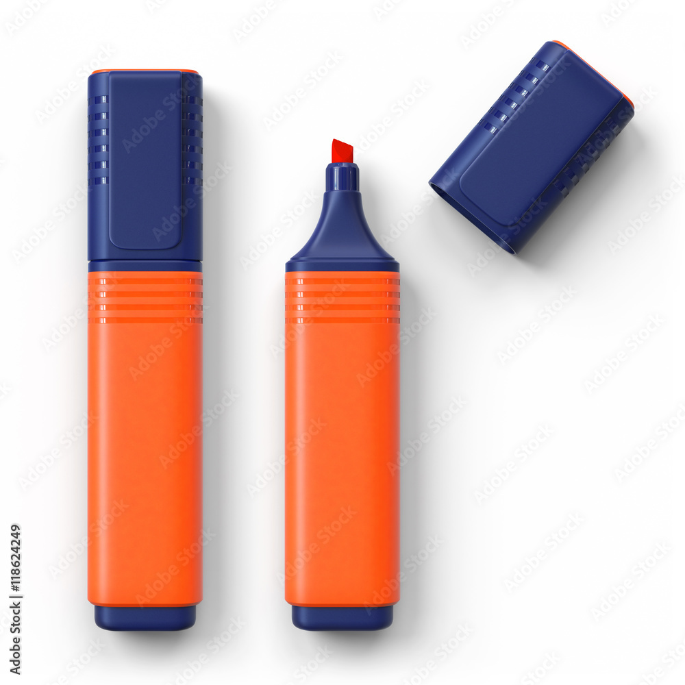 Fototapete textmarker - orange.3d rendering.isolated on white background.top view.