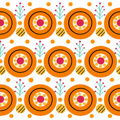 Seamless stripe pattern with cock in Russian Dymkovo style. Vector illustration.