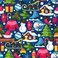 Seamless pattern with winter objects. Merry Christmas, Happy New Year holiday items and symbols