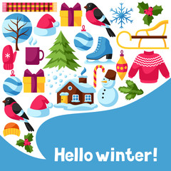 Hello winter background. Merry Christmas, Happy New Year holiday items and symbols