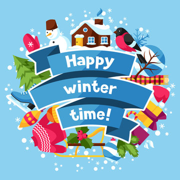 Happy winter time background. Merry Christmas, New Year holiday items and symbols