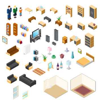 Vector illustration of isometric furniture elements and objects Icon Set.
