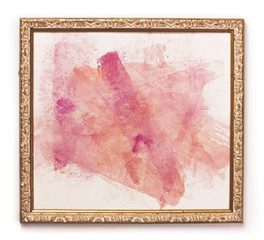 Abstract painting with pink brush strokes, in golden frame