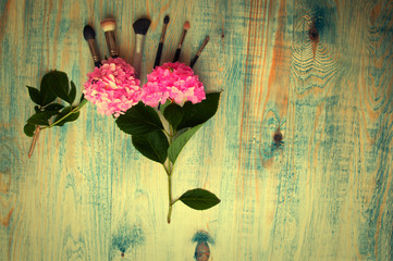 Makeup brushes and hydrangea on the abstract wooden blue backgro