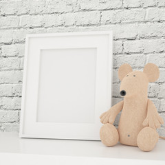 White Photo Frame Mock Up in Children Room, Vintage white wooden picture frame and Toys on a white table. Creative room full of toys, Mock Up Background, White Bricks Wall Background, Kids