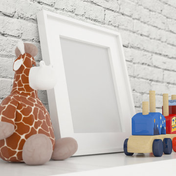White Photo Frame Mock Up in Children Room, Vintage white wooden picture frame and Toys on a white table. Creative room full of toys, Mock Up Background, White Bricks Wall Background, Kids